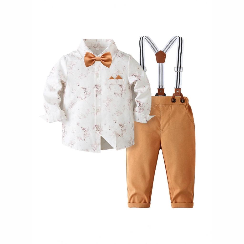 Boys' British Style Floral Shirt & Suspender Pants Set - Spring/Autumn
