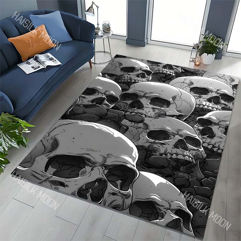 Black Art Skull Printing Carpet for Living Room Bedroom Bedside Floor Mat Sofa Table Area Rugs Home Decor Halloween Gift
