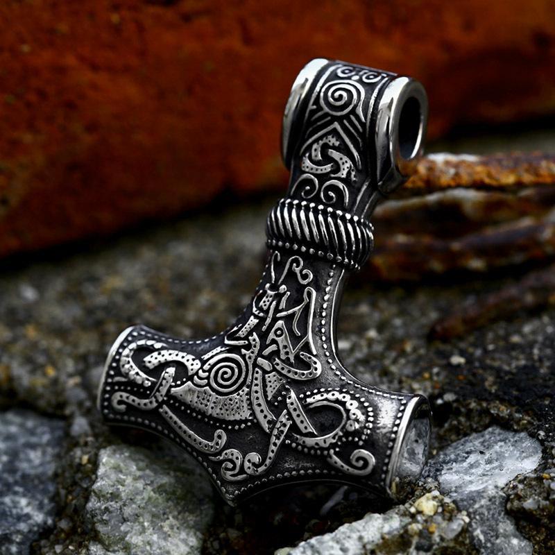 OAHLAN Fashion Jewelry Thor's Hammer Vintage Viking Rune Stainless Steel Pendant Necklace for Men Anniversary Party
