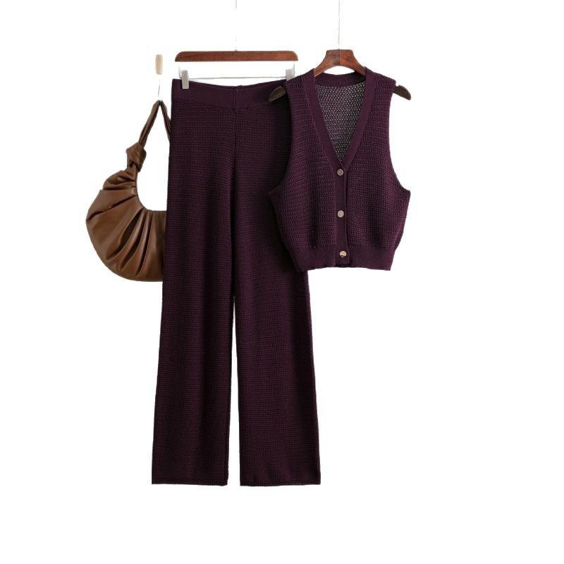Fashion knitted suit women's summer new collar sleeveless vest high waist straight pants two-piece set