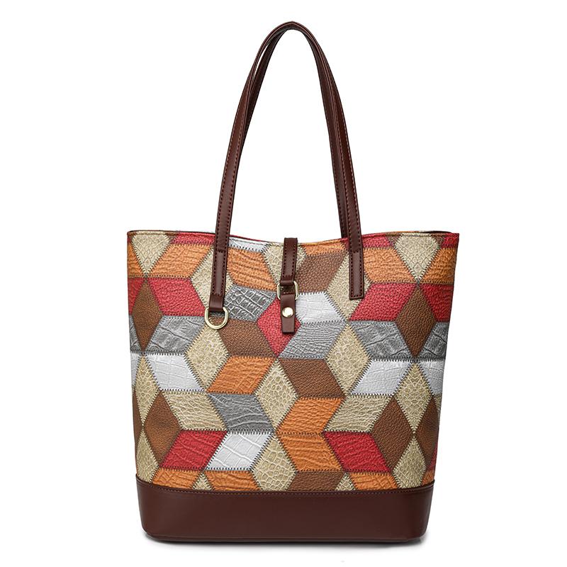 Vintage Velkokapacitní Tote Bag Color Block Dámská taška přes rameno Patchworková kabelka