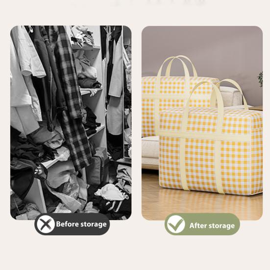 Quilt Storage Bag with Sturdy Zipper Reinforced Handles Plaid Print Large Capacity Non-woven Fabric Quilt Storage Organizer