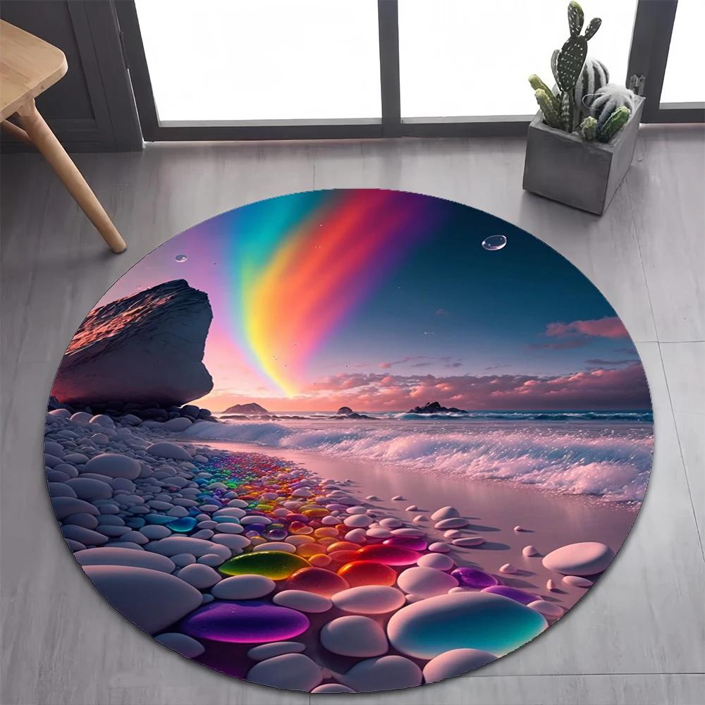 2025 New Style Colorful Pebble Rainbow Road Beach Stone Round Carpet Rug for Bedroom Living Room Decoration,pet Decor Floor Mat
