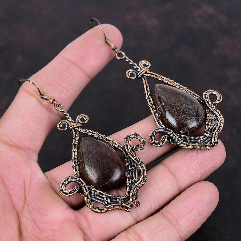 Dinosaur Bone Earring Copper Wire Wrapped Earrings Dinosaur Bone Jewelry Real Gemstone Earrings Handmade Earring Gift For Mom Copper Jewelry