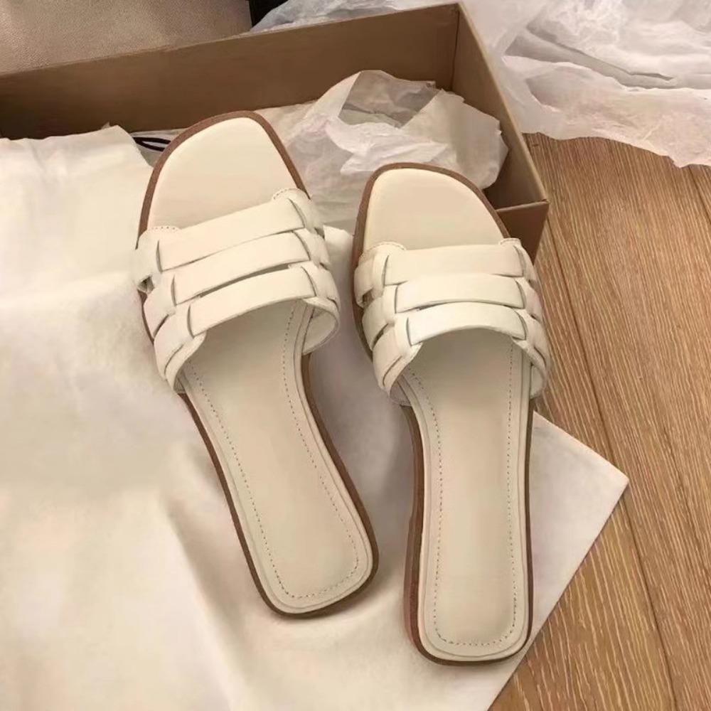 Шлепанцы на плоской подошве для женщин 2025 Новые Нескользящие Плетеные Сандалии на одном слове Женские Летние для улицы Пляжные шлепанцы для женщин