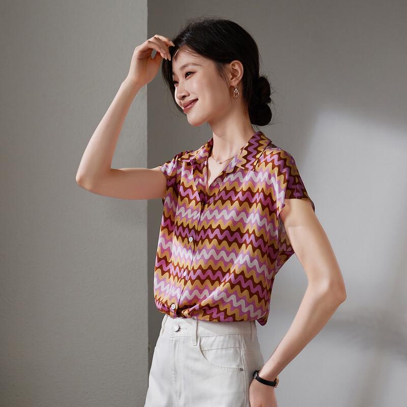 SOFSIL 2026 Summer Mulberry Silk Printed Short Sleeve Turn-Down Shirt S