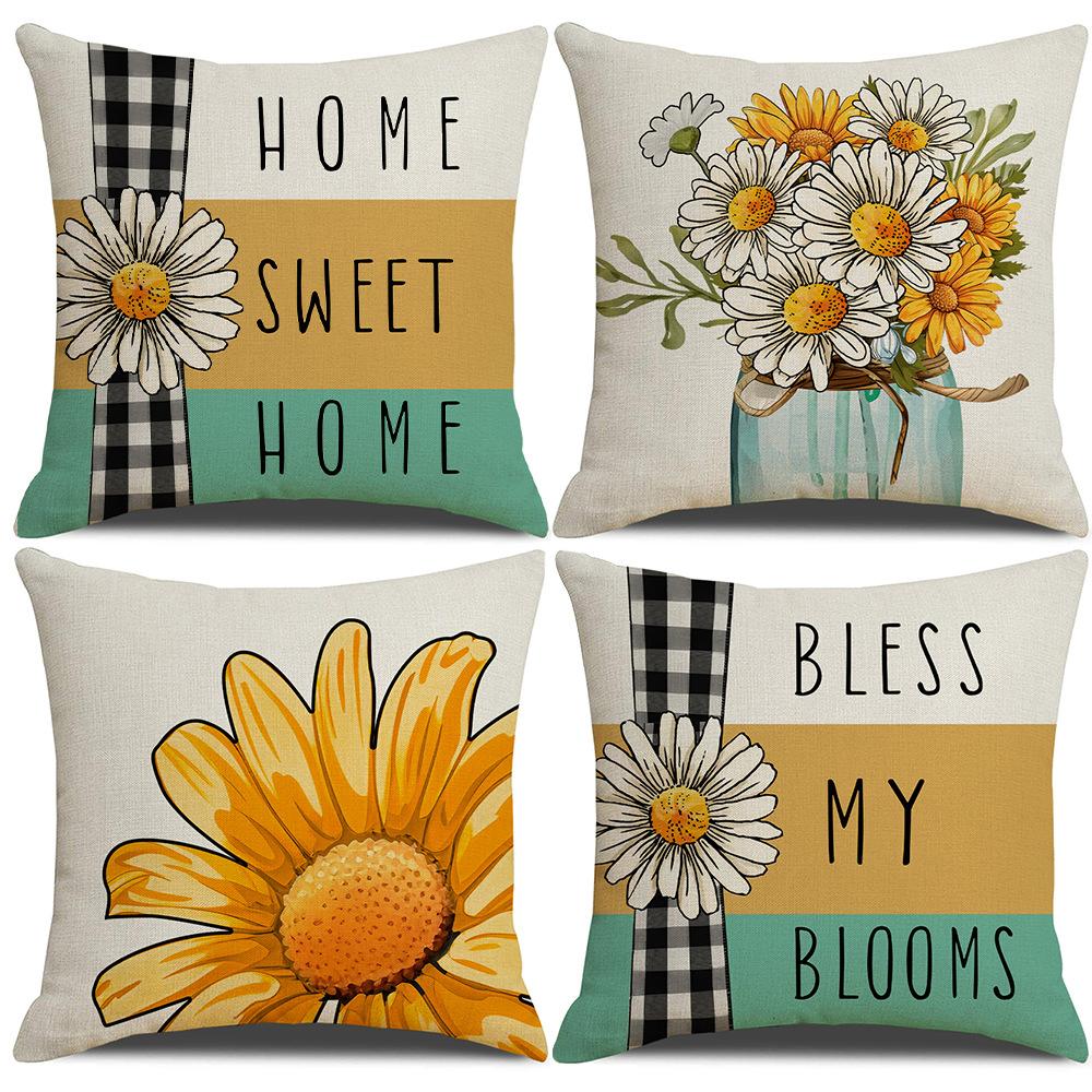 Spring and Summer Flowers and Plants Letters Linen Pillowcase Small Daisy Modern Living Room Sofa Cushion Bedroom Pillow