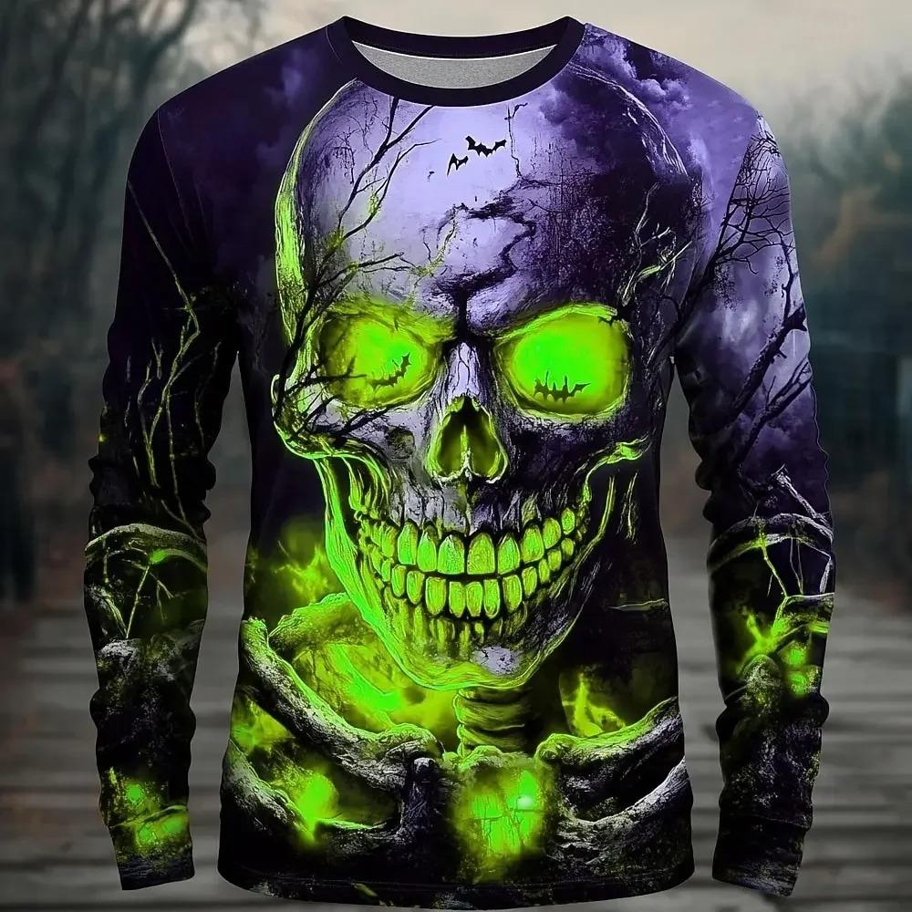 Men Glowing Skull Bat Forest 3D Print Long Sleeve T Shirt Halloween Gothic Outfit