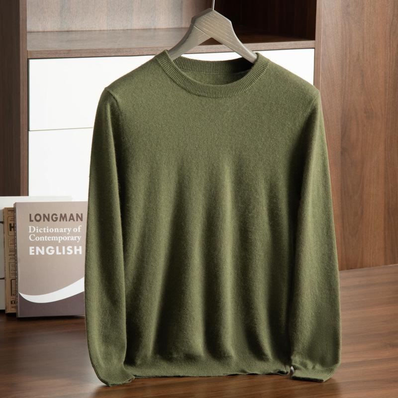 2025 new cashmere shirt men's round neck solid color pullover sweater with knitting inside