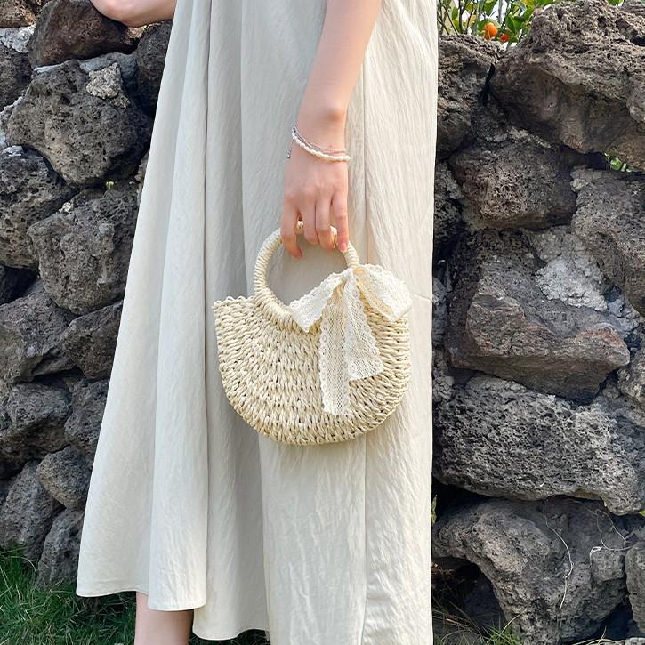 Half-Round Straw Woven Crossbody Bag - Casual Beach-Style Handbag for Women