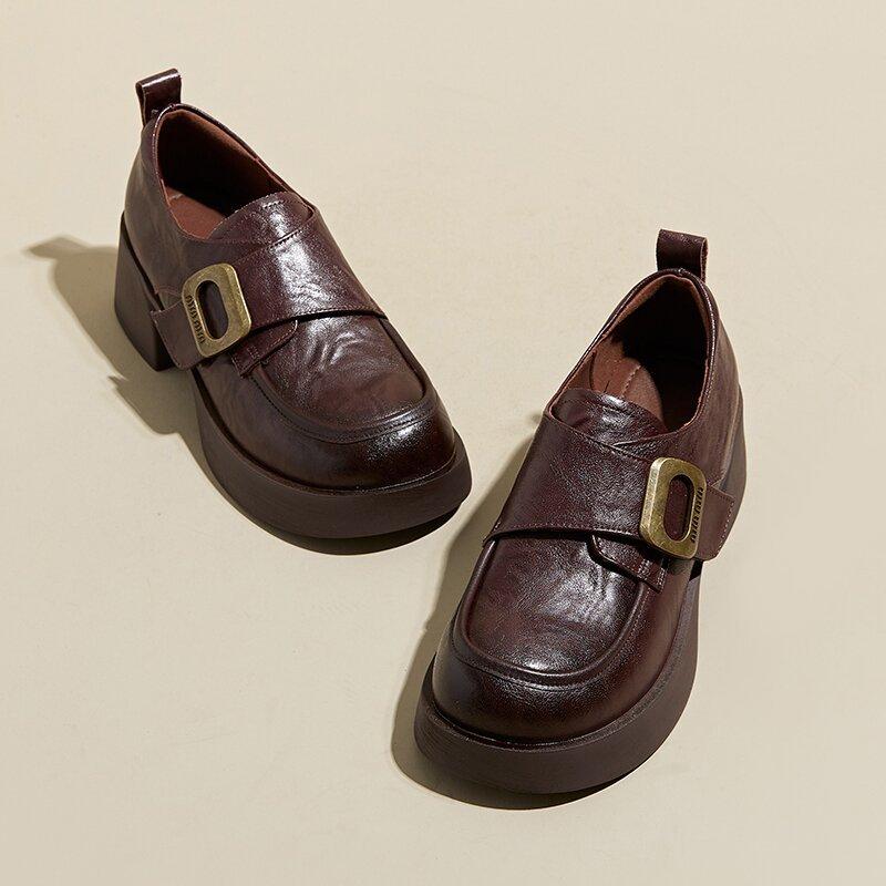 Internet celebrities with the same loafers women's Velcro 2025 spring new thick-soled British style women's shoes thick heel loafers small leather sho