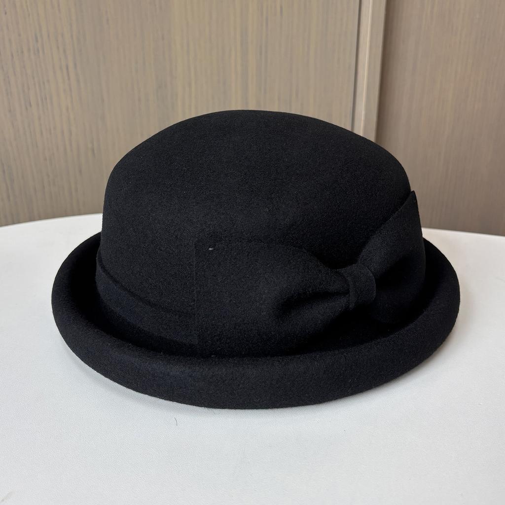 New Autumn And Winter Xiaoxiangfeng Top Hat, Elegant Bow, Curled Edge To Show The Face, Small Felt Hat, Women'S Versatile Thermal Basin Hat