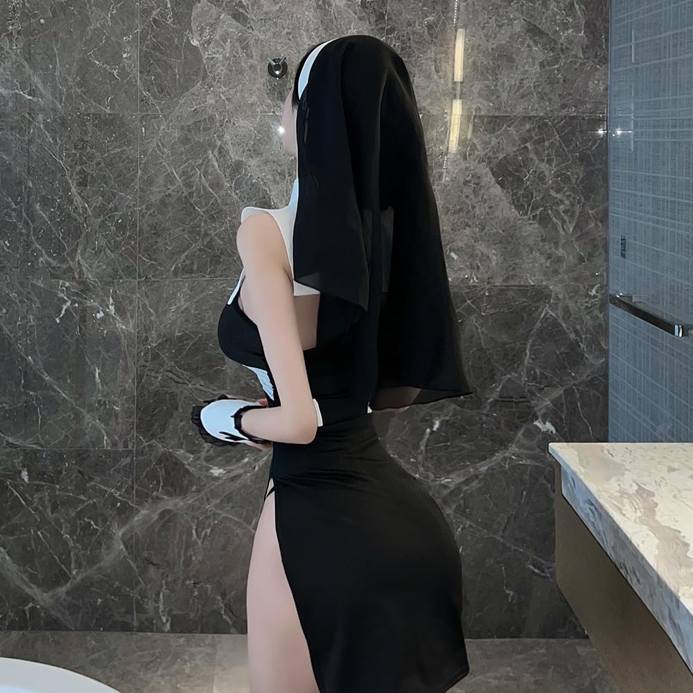 Sister Sexy Cosplay Nun Cross Sleeveless Extreme Erotic Saint Pastor Missionary Church Choir Cute Bare Shoulder Arm Ornament 4 Piece Set Slit [YAISHN]