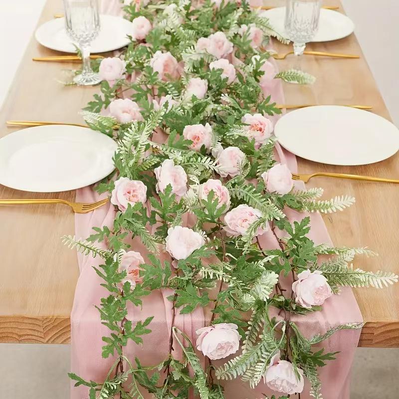 Artificial Simulation of Green Plants On The Home Dining Table of Pteris Multifida Paeonia Suffruticosa and Rattan
