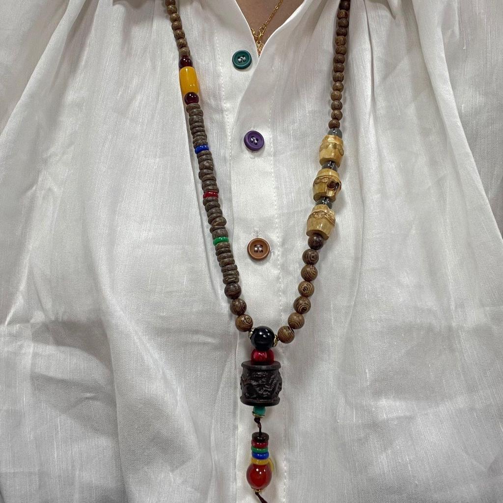 Unisex Retro Ethnic Wooden Necklace Pendant - Versatile Long Sweater Chain and Clothing Accessory