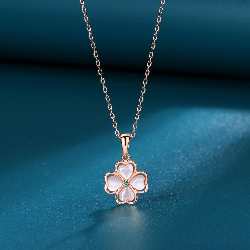 S925 Sterling Silver Heart & Four-Leaf Clover Necklace with Cat s Eye Stone - Retro Clavicle Chain Jewelry Gift for Girls 925 Silver розового золота