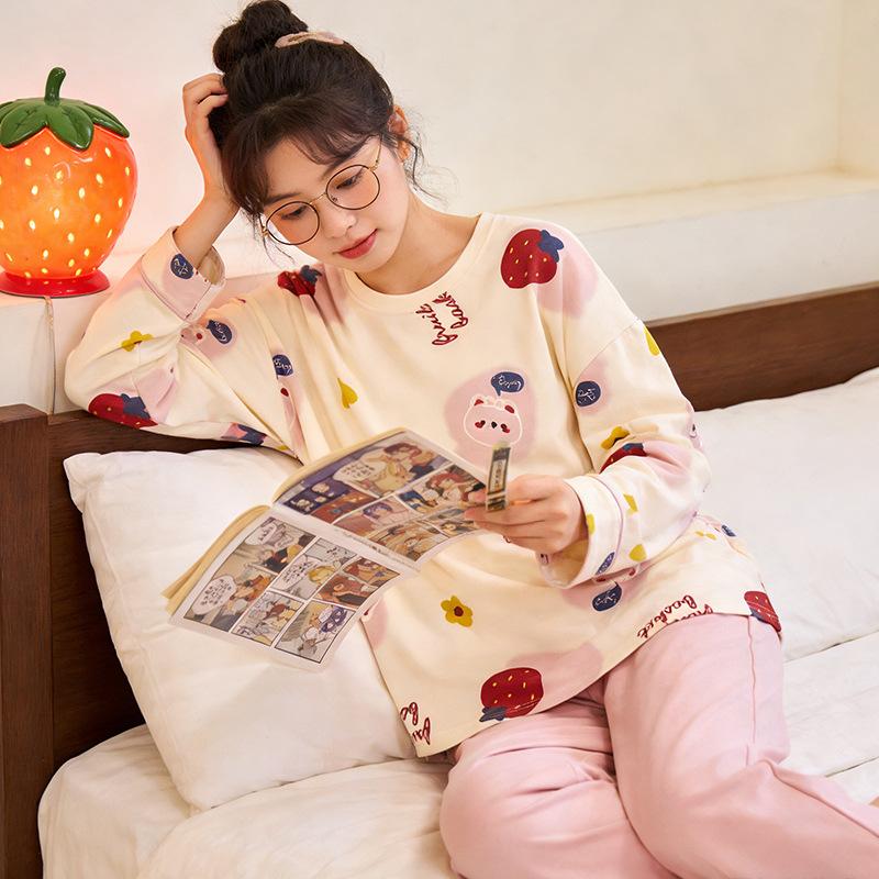 Milk Coffee Puppy Cartoon Pajamas Women's Spring and Autumn Plaid Long Suit Cotton Casual Can Be Worn Outside Women's Loungewear
