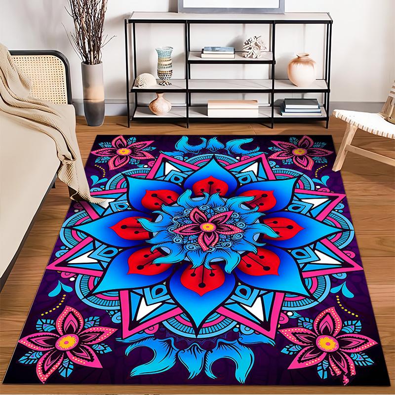 Colorful Mandala Pattern Carpet with Blue and Pink Floral Design Suitable for Use As an Anti-slip for Living Room Bedroom Sofas