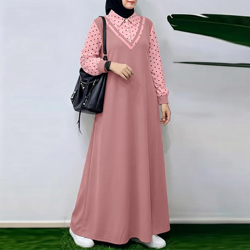 ZANZEA Women Muslim Casual Polak Dot Print Splice Long Sleeve Loose Dress