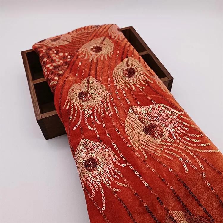 Peacock Feathers Sequin Fabric Wedding Party Girl Perform Dress Make Cloth Embroidery Lace Green Originality Fashion Fabrics