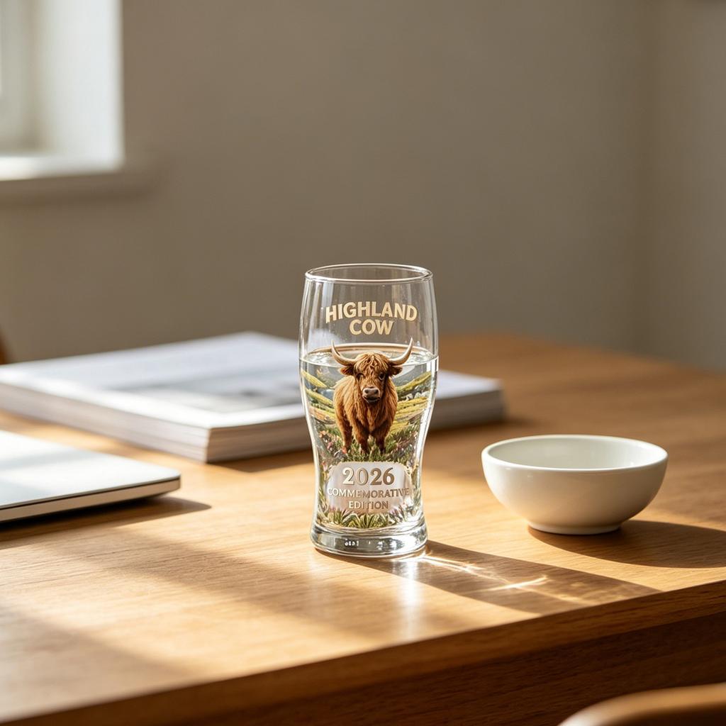 Highland Cow Commemorative Beer Glass 2026 Edition Crystal Pint Glass Vintage Animal Design Drinking Glass Scotland Souvenir