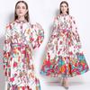 Spring Autumn Women Plus Size Print Designer Runway Dress Oversized Loose Single Breasted Long Maxi Lace-up Holiday Beach Dress