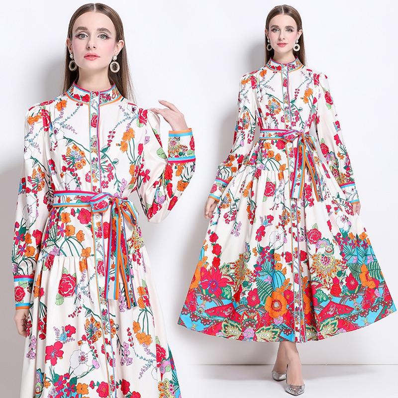 Spring Autumn Women Plus Size Print Designer Runway Dress Oversized Loose Single Breasted Long Maxi Lace-up Holiday Beach Dress