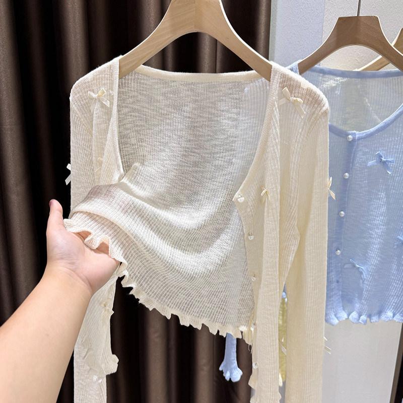 

women bow detail knit cardigan crew neck long sleeve ruffle hem casual sweater onesize абрикосовий