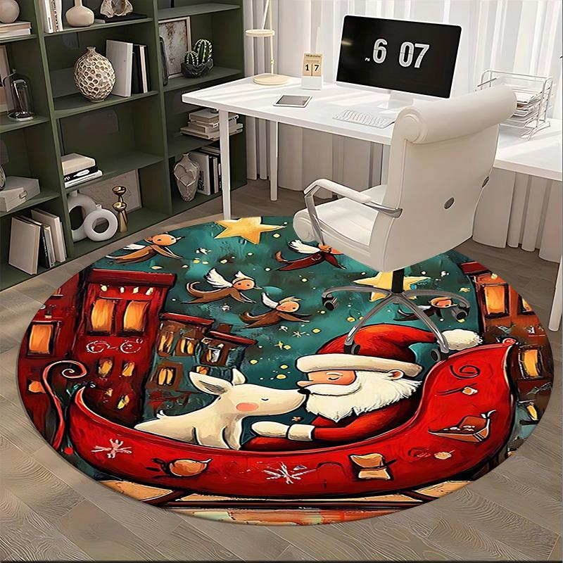 1pc Christmas Santa Claus and Reindeer Round Carpet Anime Design, Holiday Gift, Office Chair Mat, Home Decor, Living Room, Bedroom