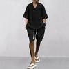 Men's Summer V-neck Jacquard Casual Suit - Short Sleeve & Shorts Two-piece Set