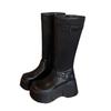 Classics Black Women'S Boots Height Increasing Knee-High Long Boots Women Belt Buckle Side Zip Round Toe Wedge Platform Shoes