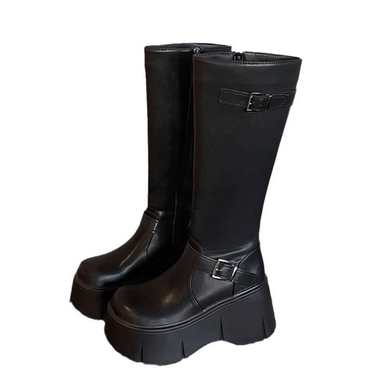 Classics Black Women'S Boots Height Increasing Knee-High Long Boots Women Belt Buckle Side Zip Round Toe Wedge Platform Shoes