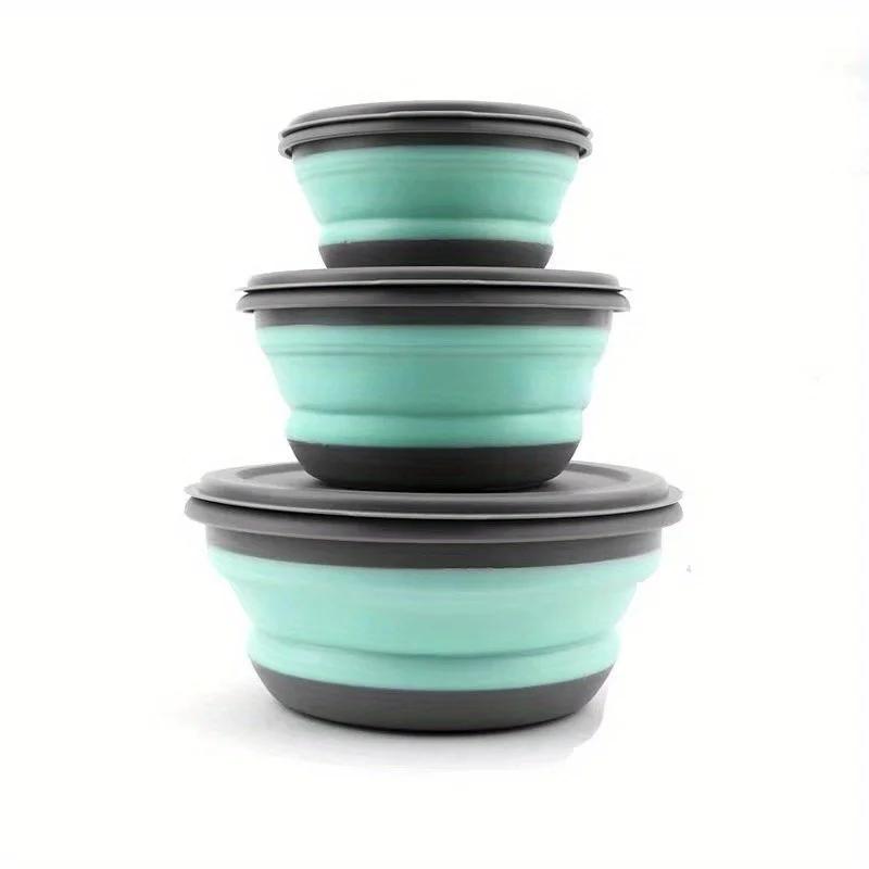 

Camping Bowl 3 PCS Food Grade Silicone Collapsible Bowl Lunch Box Salad Bowl with Lid Expandable Food Storage Containers Set зелёный