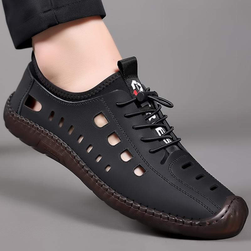 

2025 летняя новая мужская повседневная обувь сшитая вручную, мужская мягкая подошва, мягкая поверхность, полые дышащие сандалии с отверстиями 8890 38 чёрный