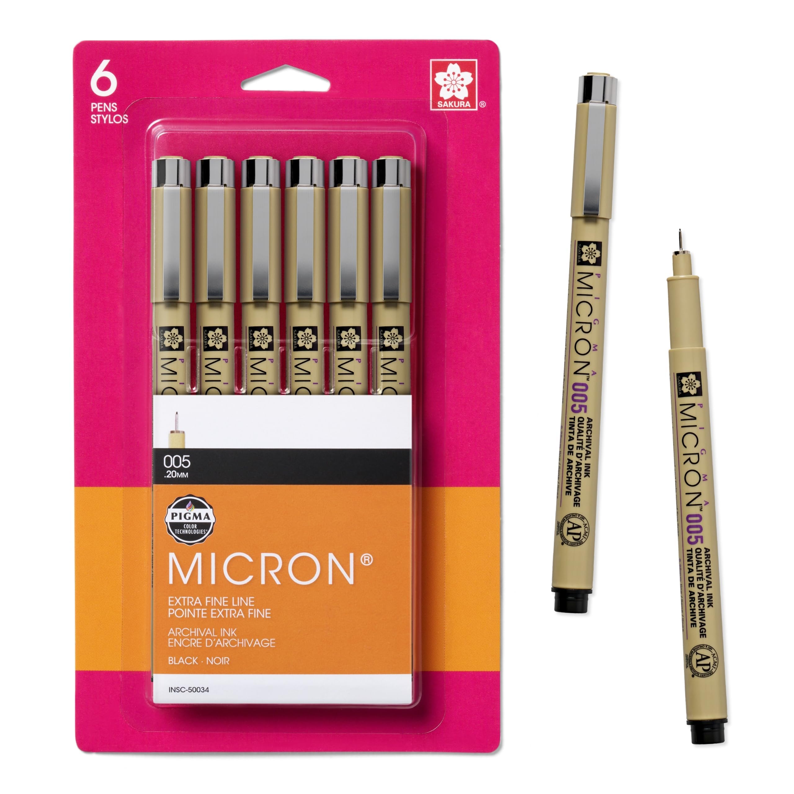 Черная ручка-перо Sakura 50034 Pigma, набор из 6 штук Sakura Micron-005, 0,20 мм, [предмет]