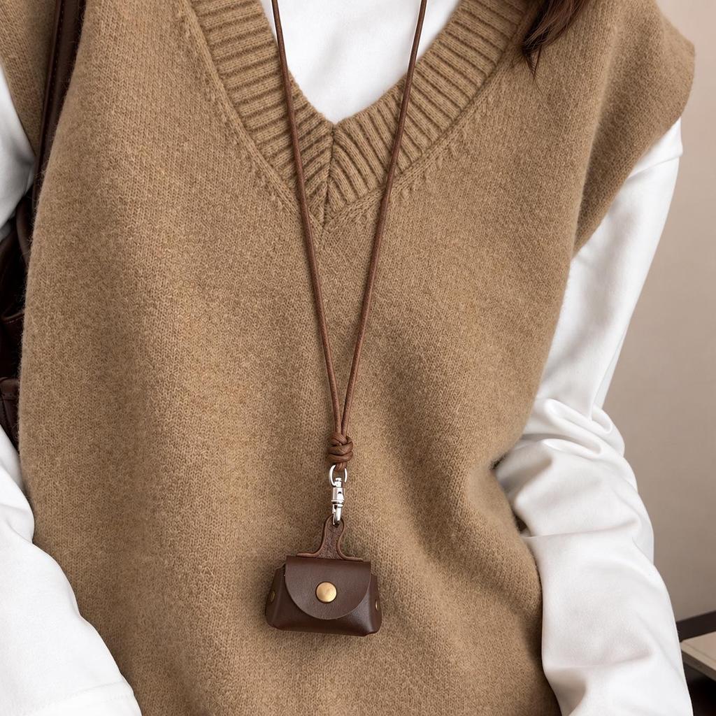 Leather Coin Necklace Pendant with Long Rope & Earphone Case