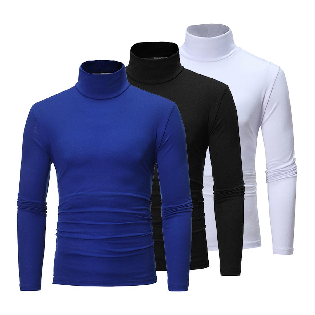 3Pcs Men Casual High Neck Long Sleeve T Shirt Solid Color Slim Fit Pullover Undershirt Thermal Base Layer Set