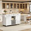 Kitchen island with pull-out worktop, 136(223)x50x93cm mobile kitchen island with 3 drawers, wine rack, socket with USB and 7 casters, white/oak