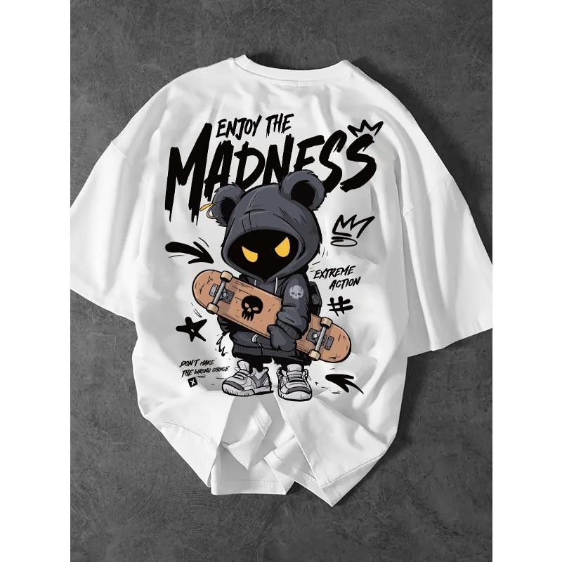 European Sizes Enjoy the Madness" Cartoon Print, Men's Fashion Street Casual Short Sleeve T-Shirt Comfortable Crew Neck Top for Spring and Summer