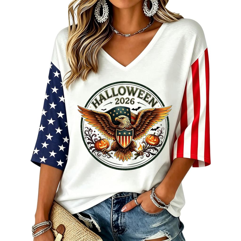 Women's V-Neck Halloween Print Three-Quarter Sleeve Casual Blouse