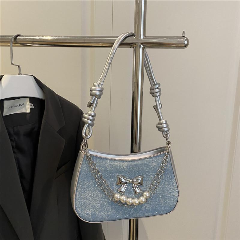 Metal Bow Women's PU Small Shoulder Bag Pearl Chain Sweet Cool Girls Underarm Bags Handbags Portable Female Messenger Bag