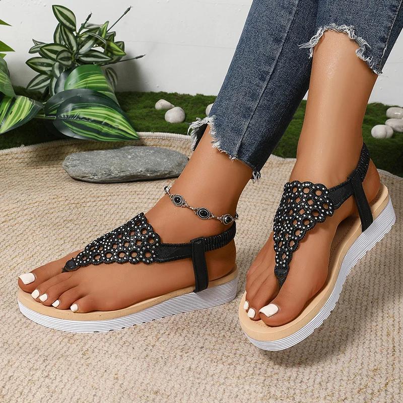 Fashion Silver Hollow Out Clip Toe Sandals Women 2025 Summer Platform Wedges Rome Sandles Woman Fashion Elastic Band Crystal Sandalias