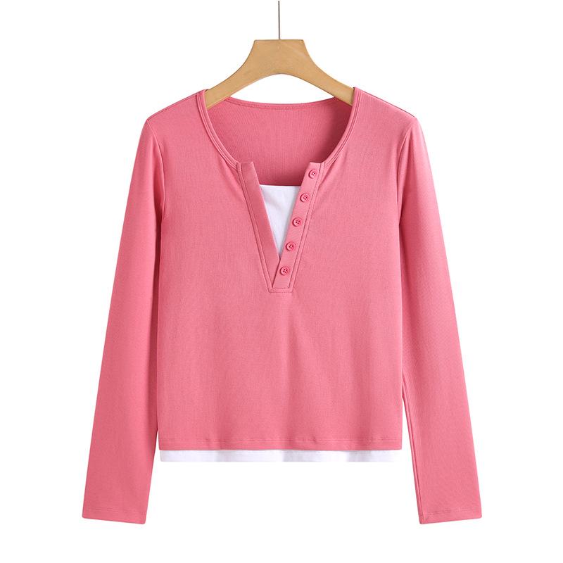 

V-Neck Korean Style Slim Fit Petite Women s Long-Sleeve Color Block Patchwork T-Shirt for Autumn 2025 Small