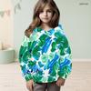 Girls Long Sleeve Hooded Sweatshirt Green Blue Leaf Printed Pullover