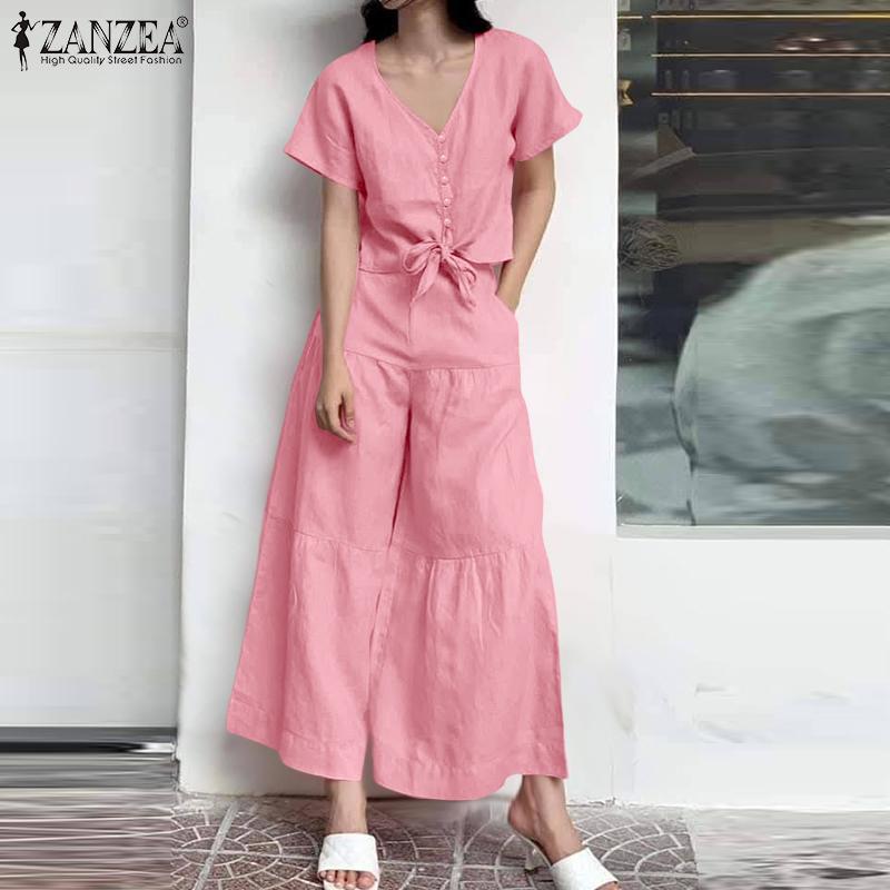 ZANZEA Women Short Sleeve Blouse and Wide Leg Pants Summer Two Piece Sets