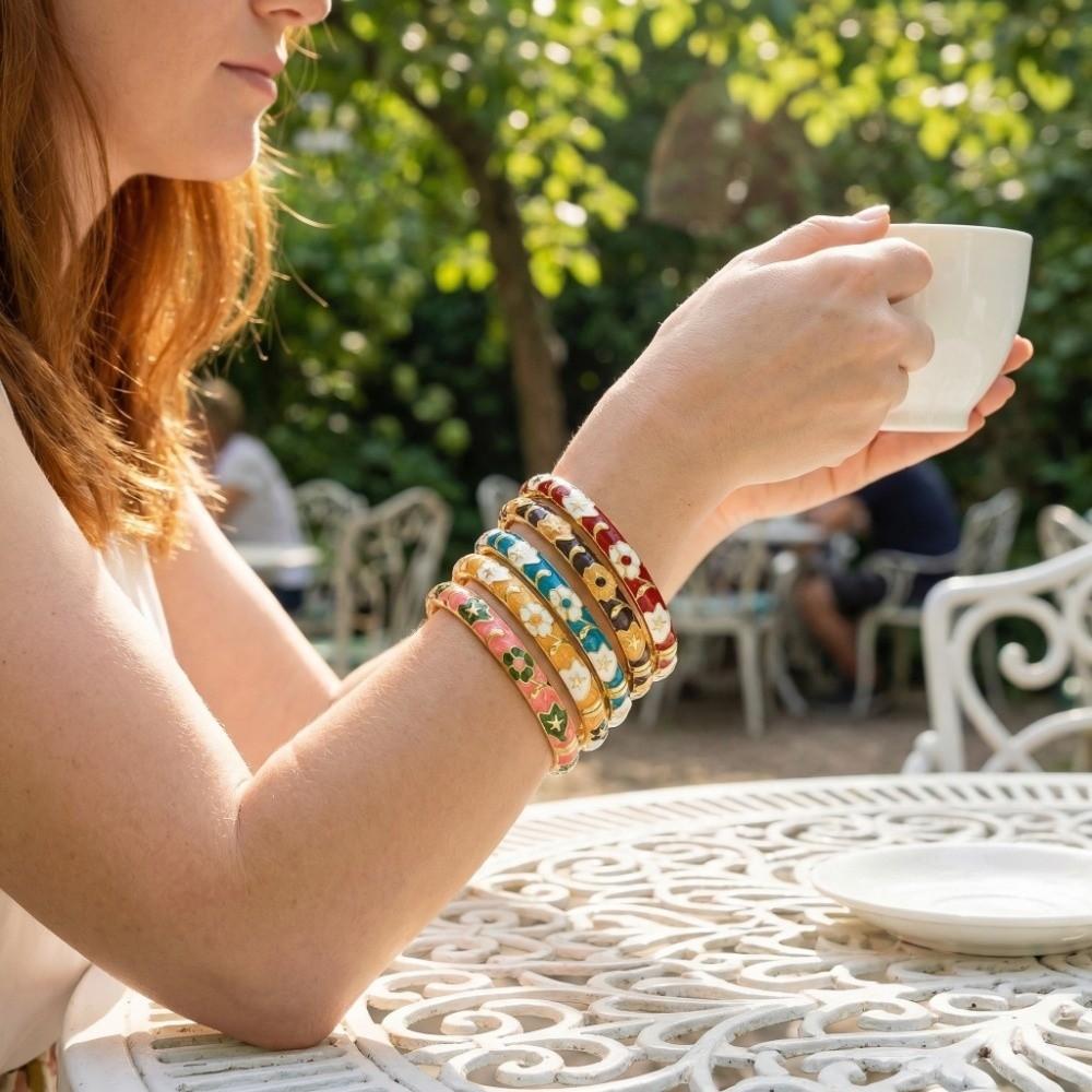 Floral Colorful Flower Bangle Traditional Women's Hand Bracelet Vintage Cloisonne Bangle  Ladies