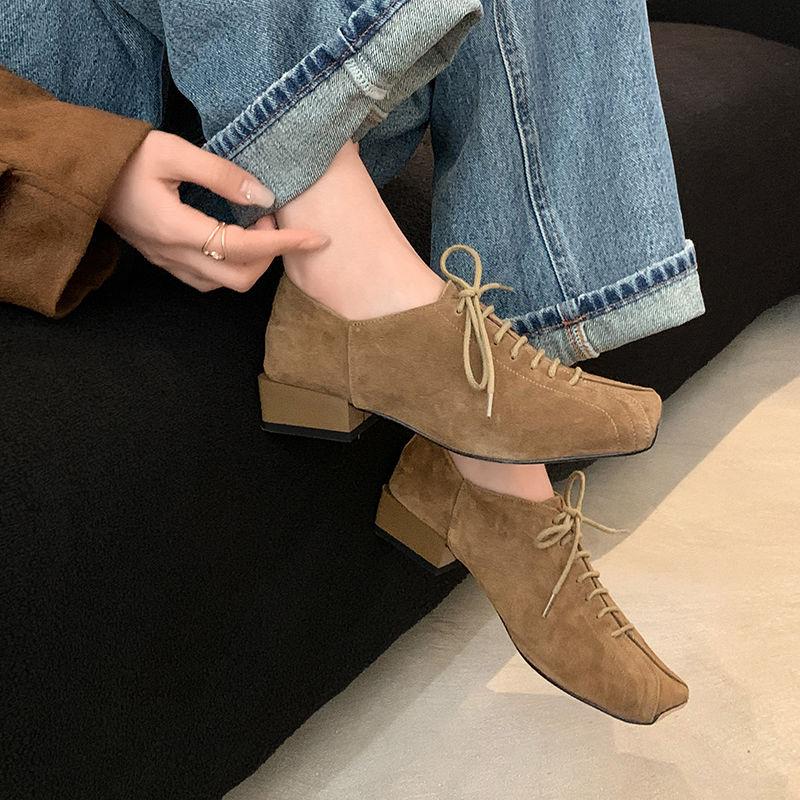 Fashion Genuine Leather Lace Up Women Square Toe Cross Tied Low Heels Leather Pumps Ladies Casual Autumn Shoes 2025 New High Heels Women