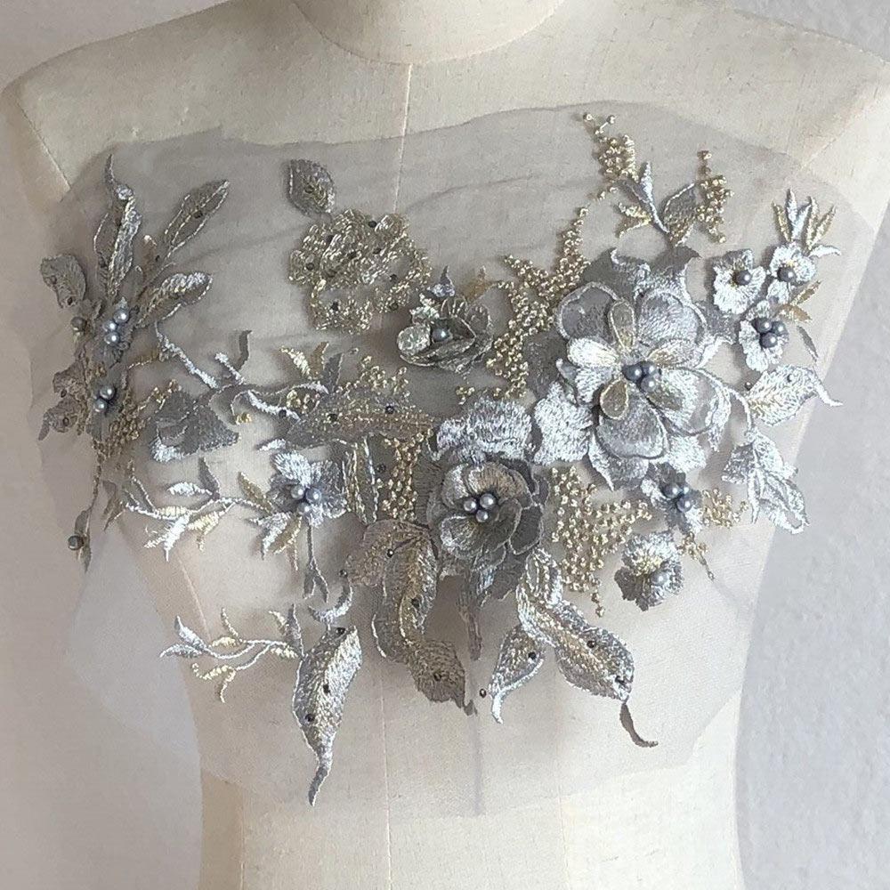

Pearl Stamen Lace Fabrics Applique 3D Flower Dress Stickers Clothing Decoration сірий