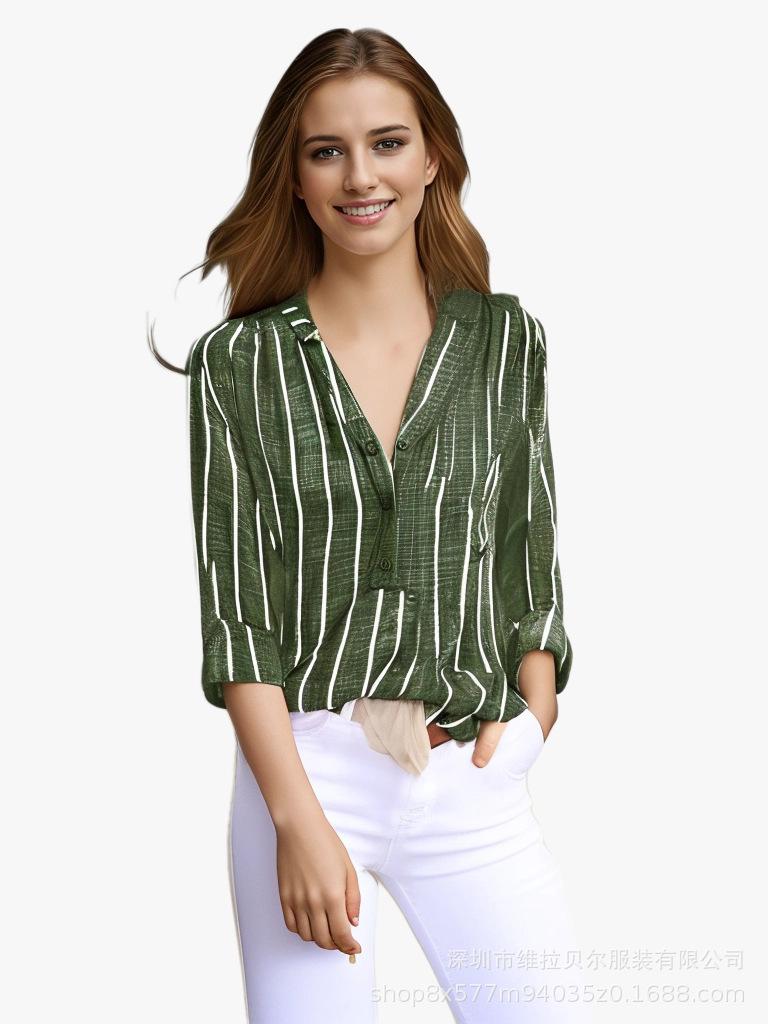Simple and Fashionable Printed Striped Shirt for Women In Foreign Trade Loose Fit Shirt