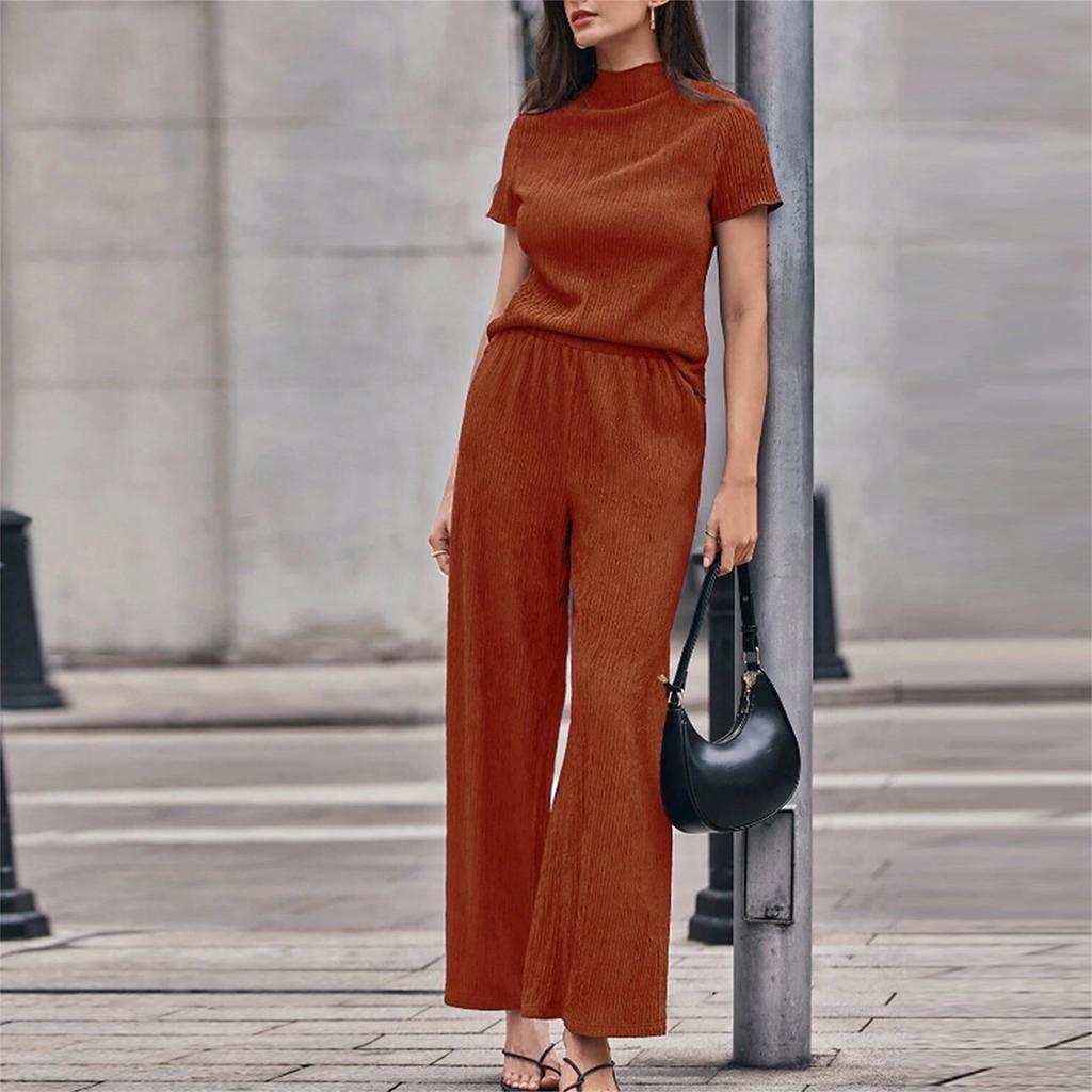 Women's 2-Piece Fashion Casual Short-Sleeve Turtleneck Loose Top + Wide-Leg Pants Loungewear Set
